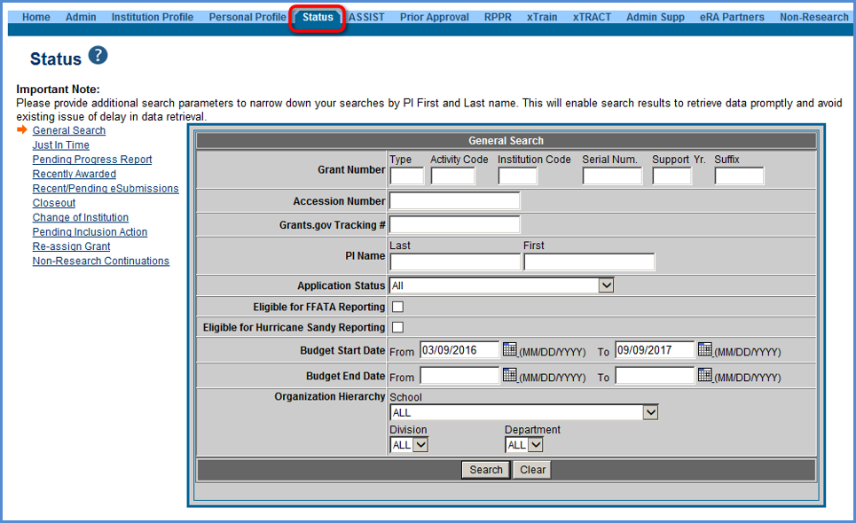 The signing official’s (SO) Status search screen showing the many different search options