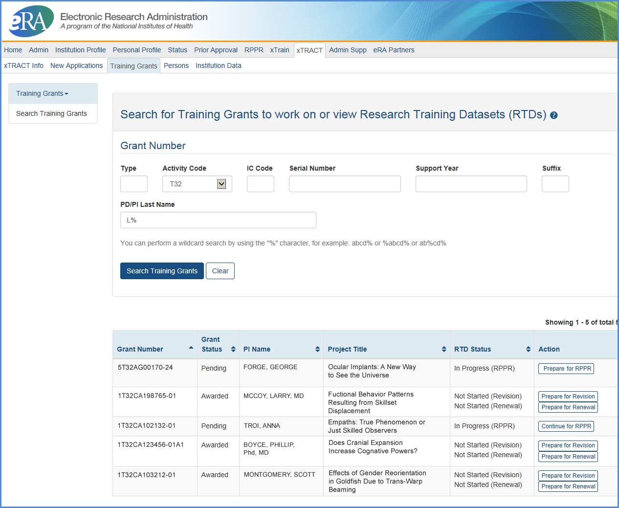 xTRACT Application search results screen 
