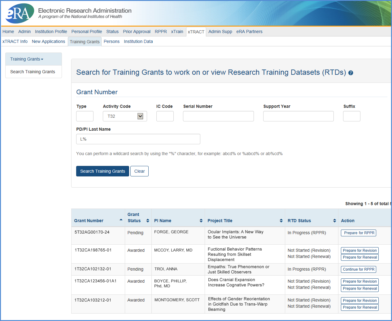 xTRACT Application search results screen
