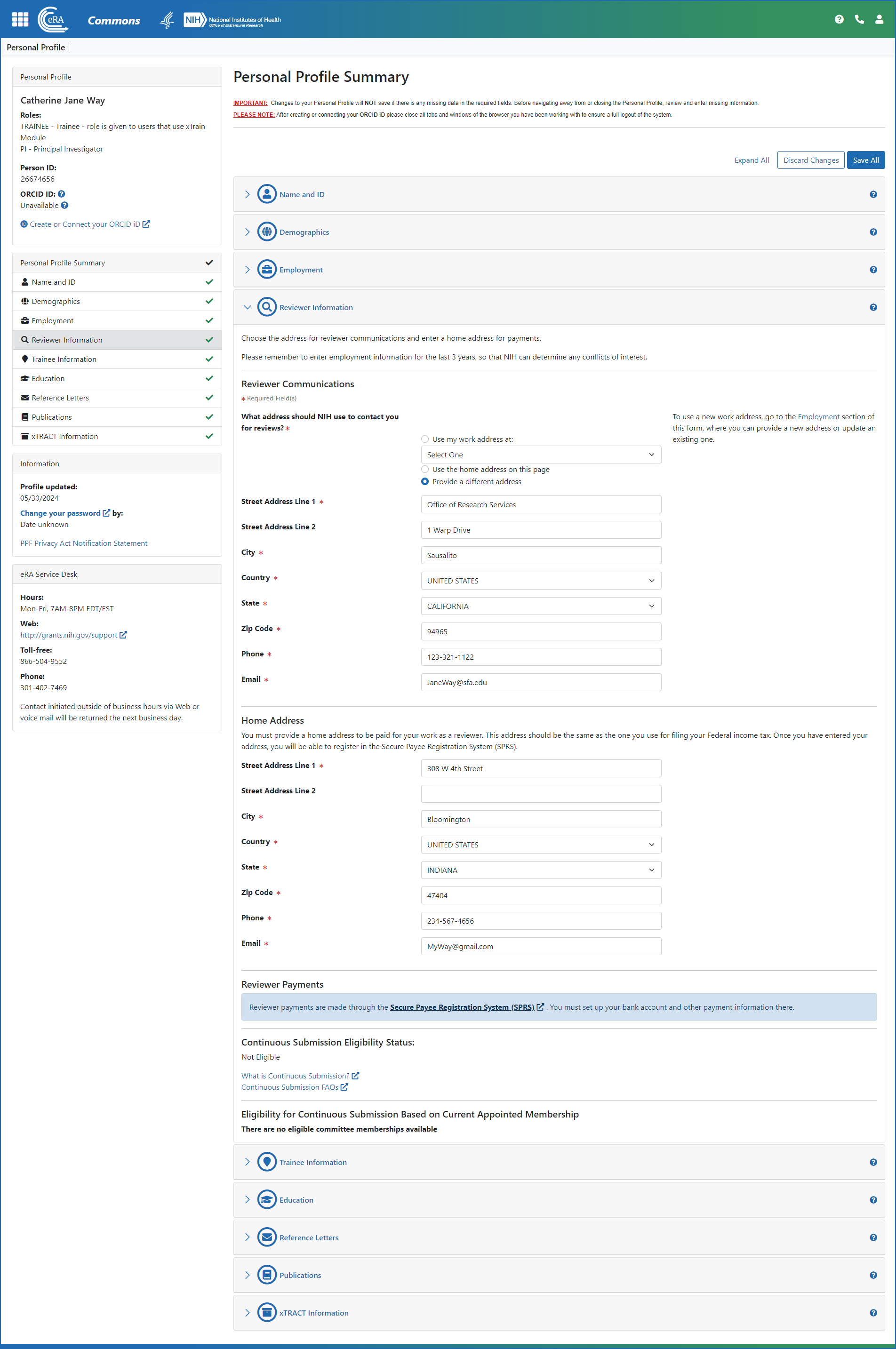 Figure 3: Reviewer Information section of Personal Profile after the edit button is clicked