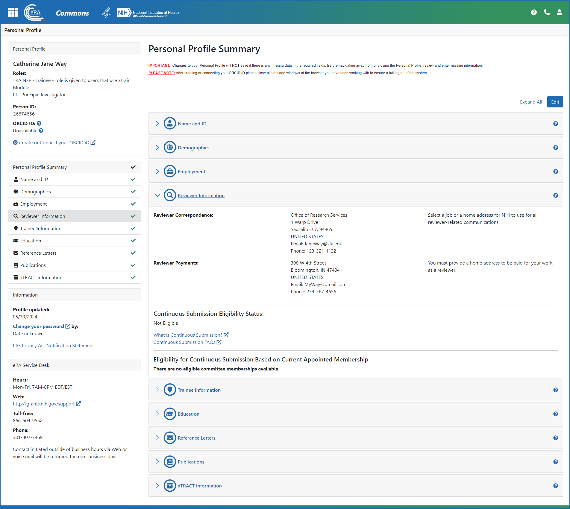Figure 2: Personal Profile module showing the Reviewer Information section expanded but not editable