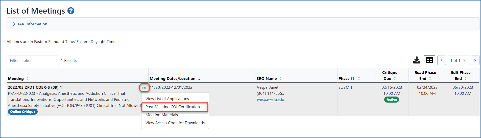 Post-Meeting COI Certification link accessed from the three-dot ellipses icon in the Meeting column on the List of Meetings screen.