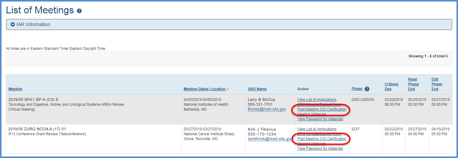 Post-Meeting COI Certification link in the Action column on the List of Meetings screen
