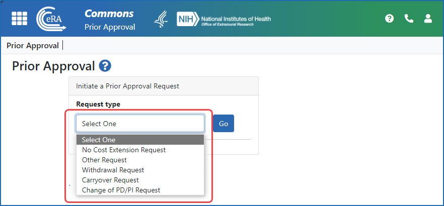 The Prior Approval screen showing the options for request types