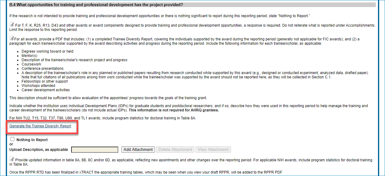 Screen shot image to Generate the Trainee Diversity Report in Section B.4 of the RPPR