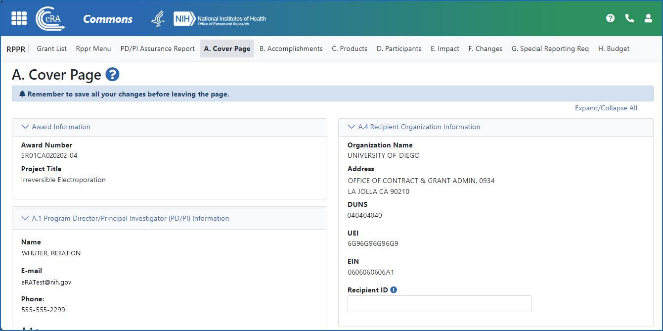 Figure 2: The Annual RPPR form and navigation tabs