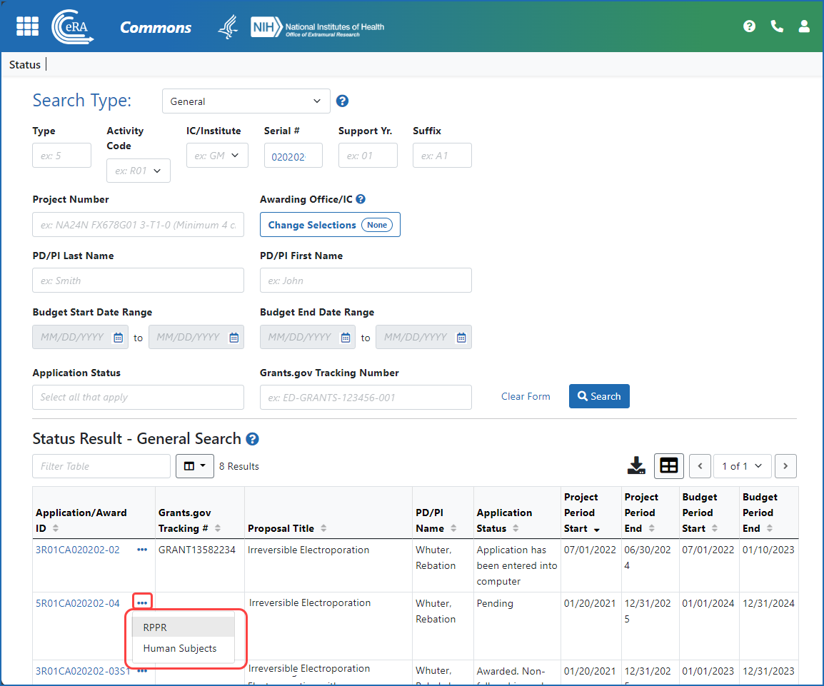 Figure 1: A signing official (SO) accesses an RPPR via the three-dot ellipsis menu in search results in the Status module. 
