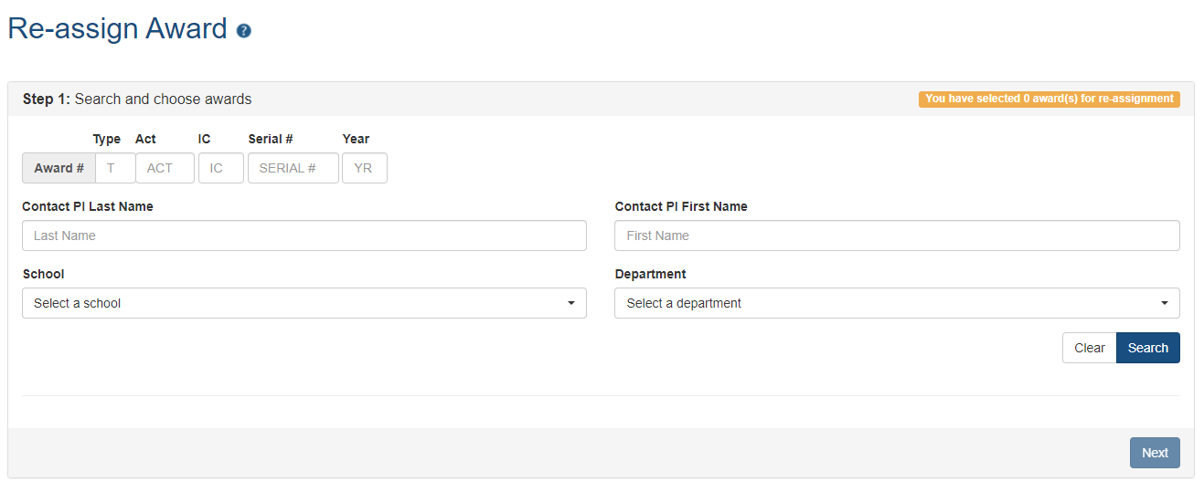 Figure 3: Re-assign Award search screen