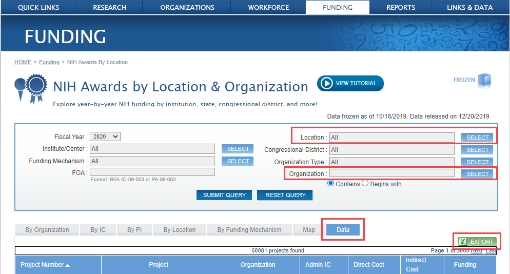 Figure 1: NIH Awards by Location & Organization search screen highlighting the relevant fields