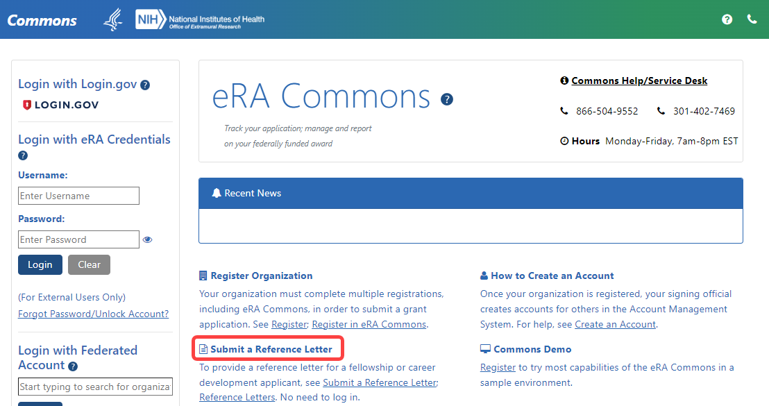 The Submit Reference Letter link on the eRA Commons home page