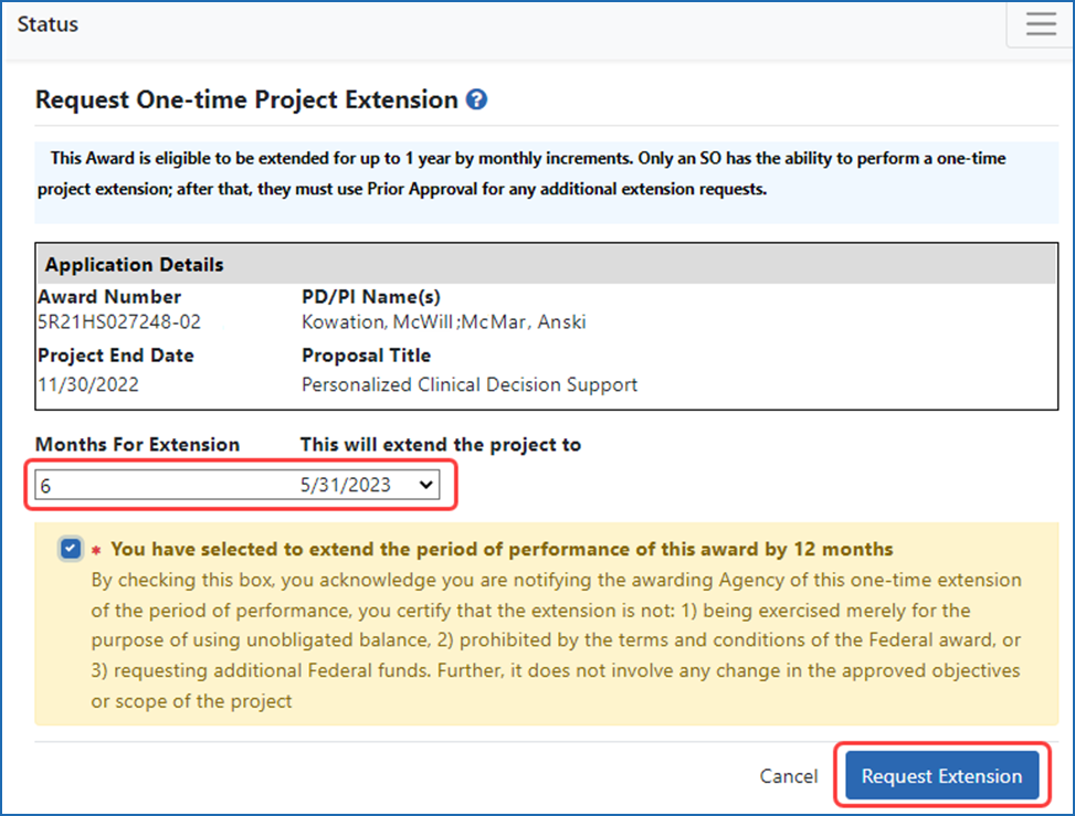 Figure 1: The No-Cost Extension form in eRA Commons Prior Approval module