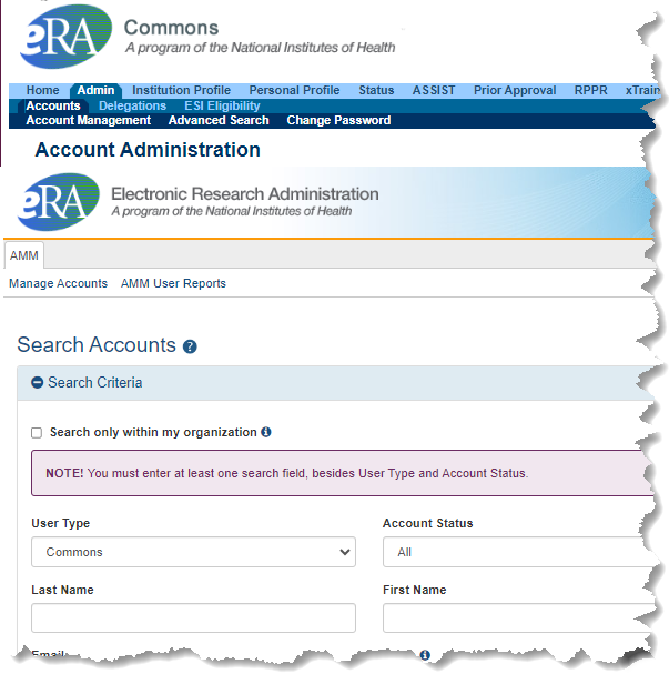 Accessing the Account Management Module from eRA Commons (Admin > Accounts > Account Management from some screens in eRA Commons [opens in new window])