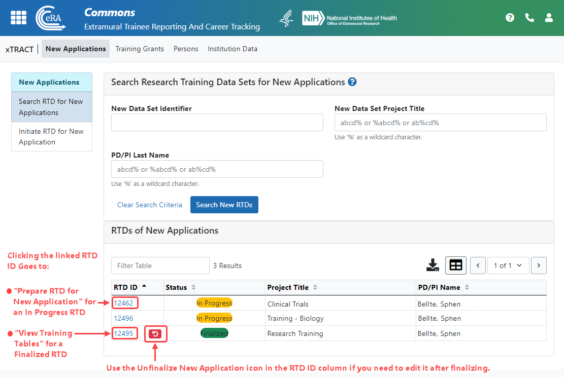 Figure 1: Click the RTD ID or the Unfinalize New Application icon to access actions appropriate for the application