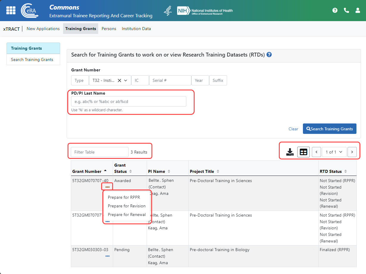 Figure 2: New screen showing hints on using wildcards, table tools, and a three-dot ellipsis menu for actions