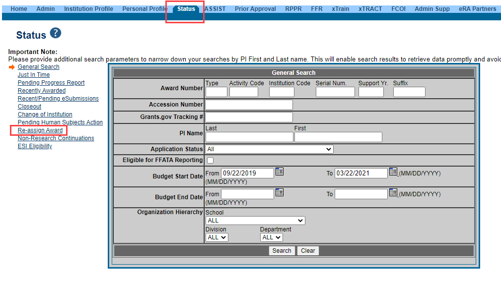 Figure 2: Status search screen showing the Re-assign Award link