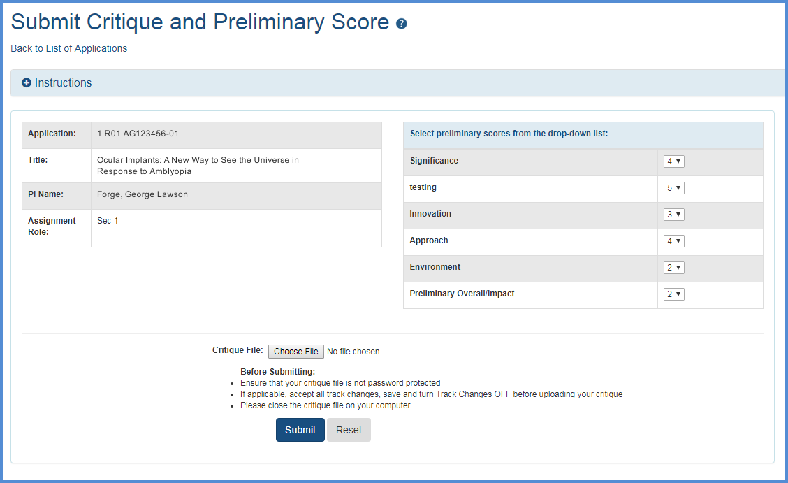 The Submit Critique and Preliminary Score screen