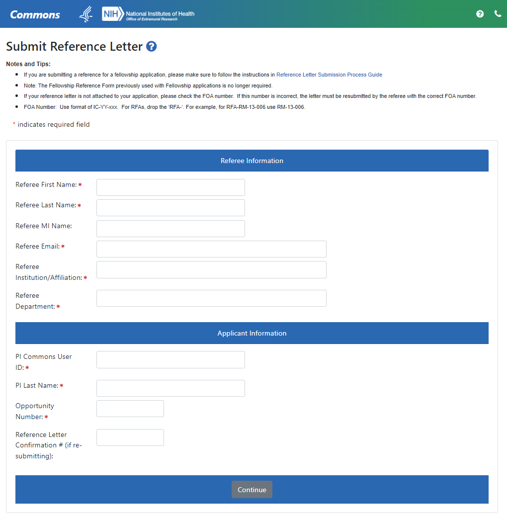 The Submit Reference Letter form that a referee fills out