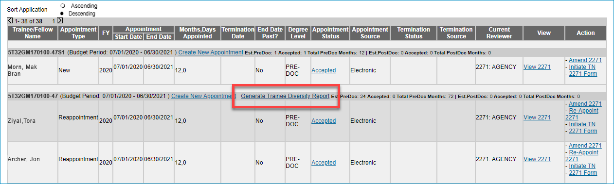 Screen shot image to Generate Trainee Diversity Report in the Trainee Roster screen