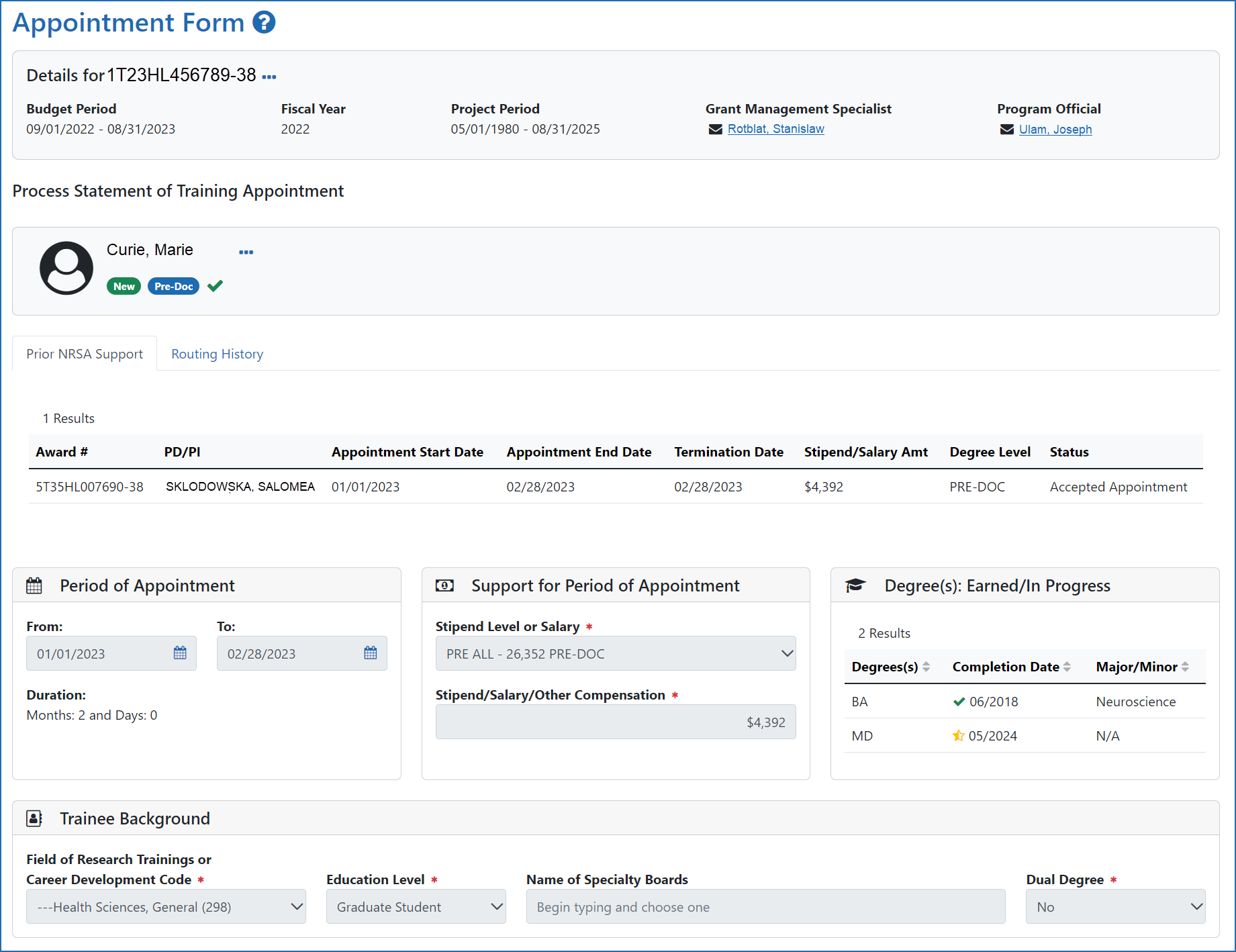 Trainee Appointment Form 2271