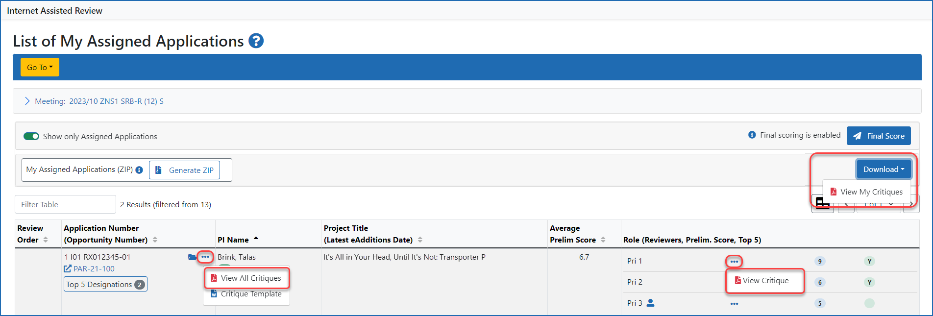 List of options for viewing critiques on the List of My Assigned Applications screen.