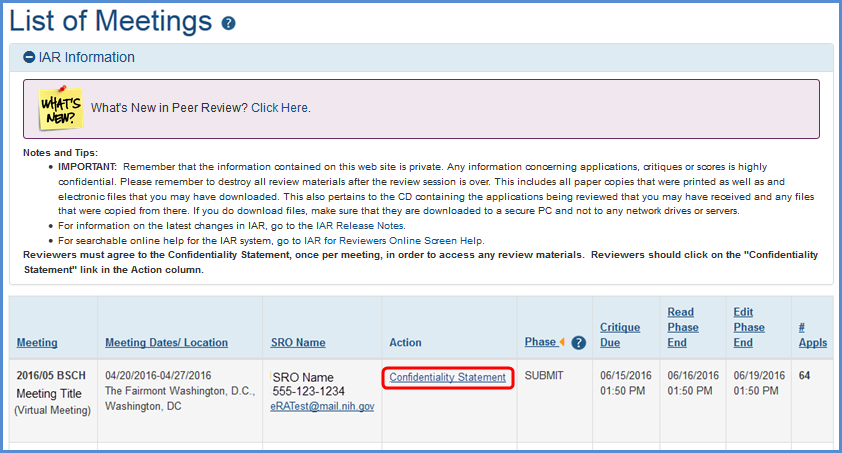 The Confidentiality Statement link is displayed in the Action column of the List of Meetings screen.