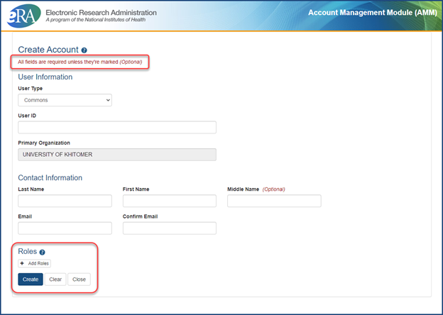 Figure 4: Account Management Module (AMM) Create Account Screen showing the Add Roles button and the Create button