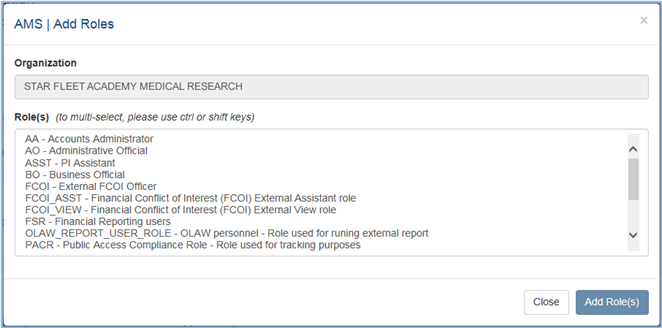 Figure 5: Account Management Module (AMM) Add Roles screen