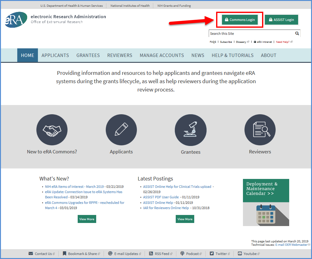 eRA web page showing login button
