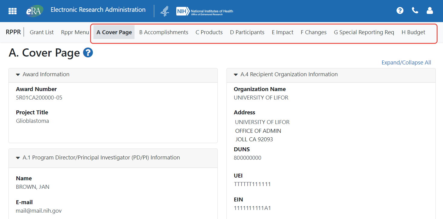 The RPPR form, section A, Cover Page and navigation tabs