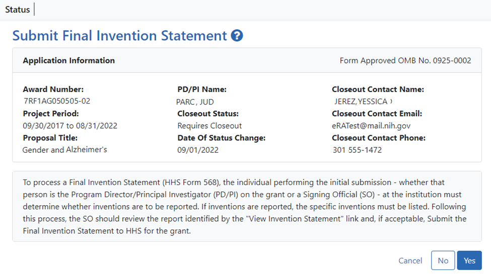 Submit Final Invention Statement screen, where the user clicks Yes to add inventions