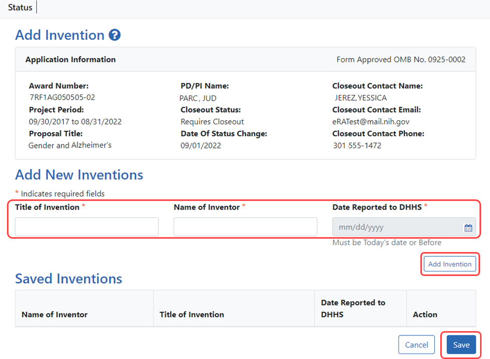 Add Invention screen, where the user adds details of inventions to list on Final Invention Statement