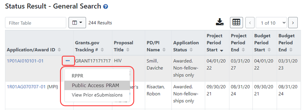 Status screen showing Public Access PRAM link (Progress Report Additional Materials)