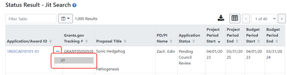 Status Results- JIT Search for SOs showing JIT under three-dot ellipsis menu