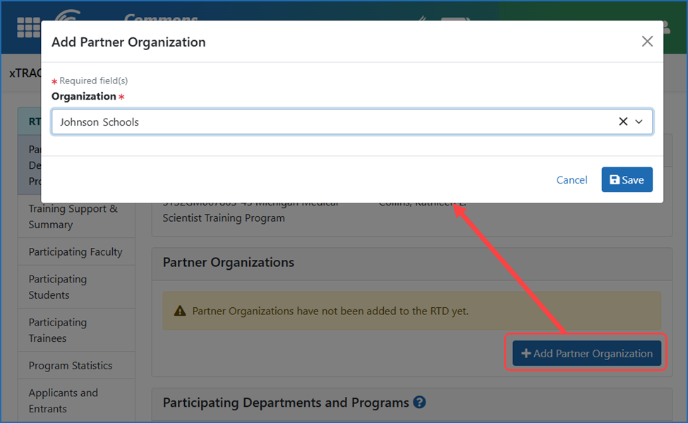 Add Partner Organization button on the Participating Departments/Programs screen of an RTD