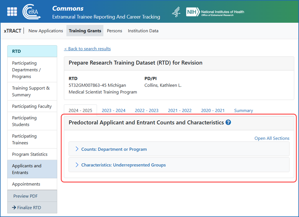 Characteristics section of the Applicants and Entrants screen of an RTD showing fewer characteristics than before