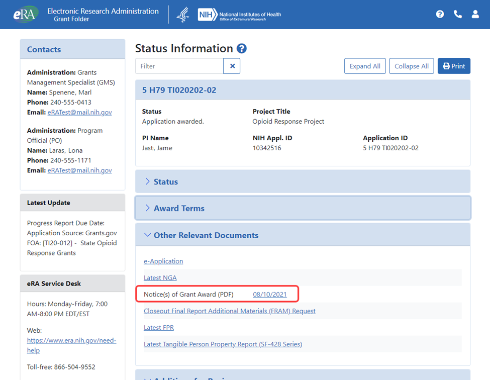 Status Information page showing Notice of Award link