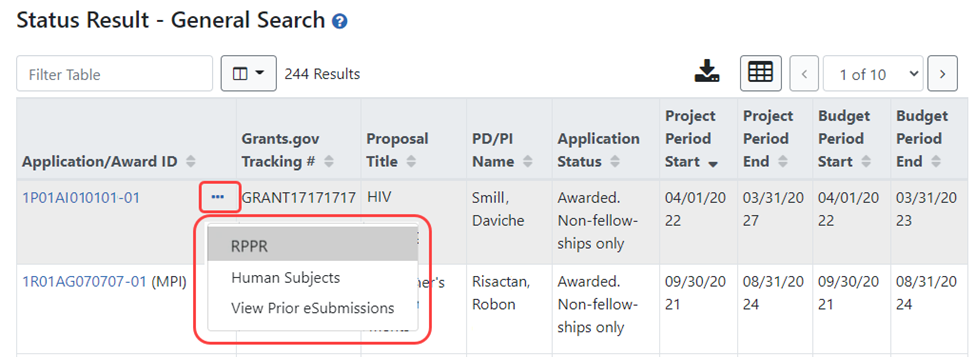 Status Results listing showing RPPR under three-dot ellipsis menu