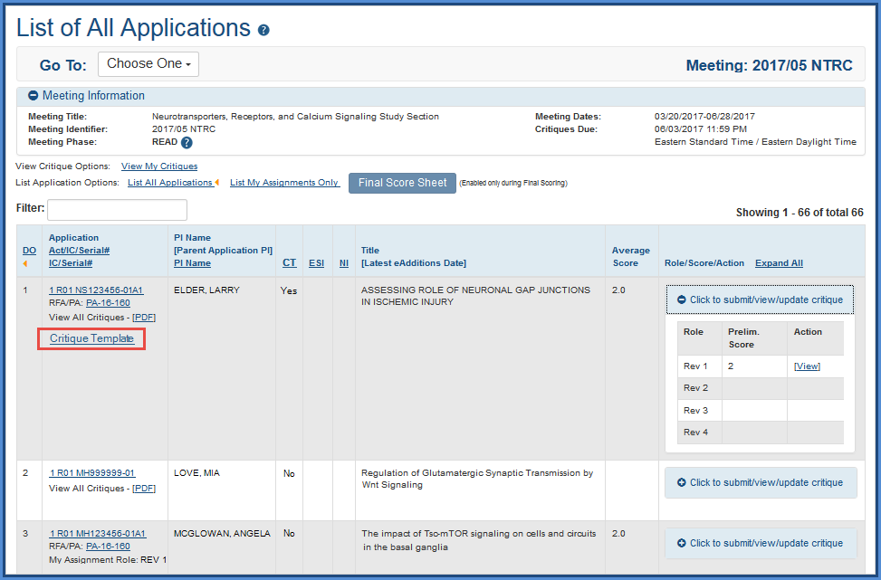 The ‘Critique Template’ link on the List of All Applications screen in IAR