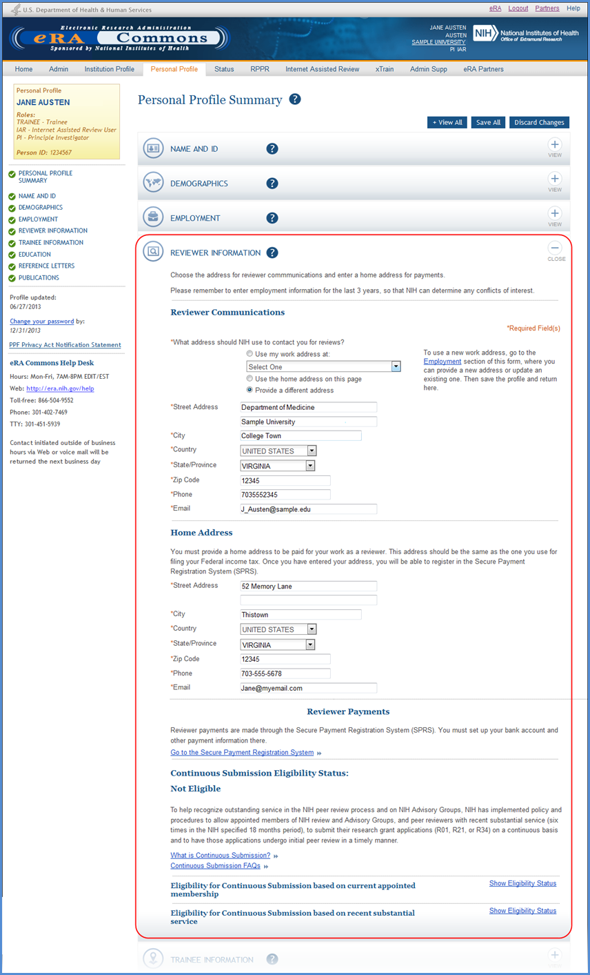 Expanded view of the Reviewer Information section of the Personal Profile when the edit button is clicked