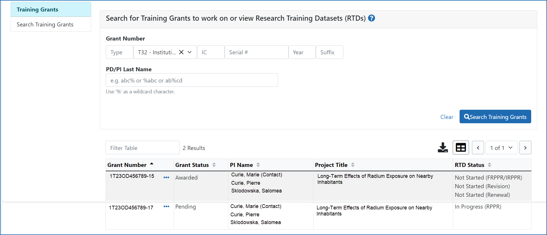 xTRACT Application search results screen