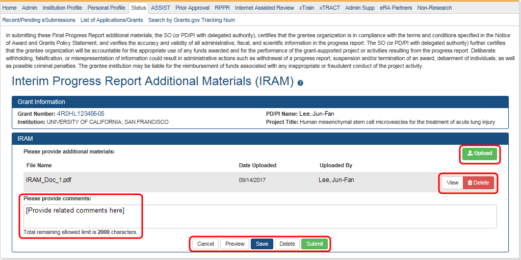IRAM screen ready to submit