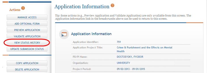 The Application Information page highlighting the View Status History button from Actions