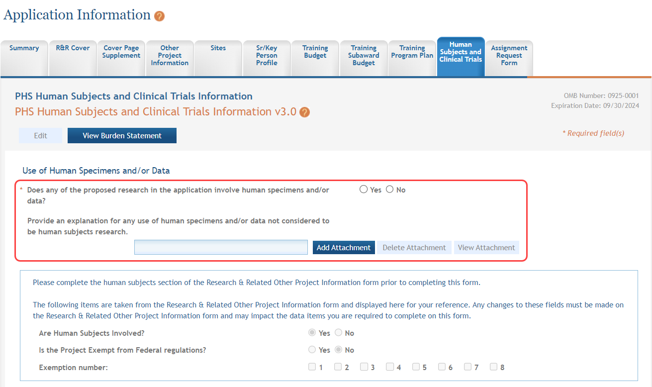 Screenshot of the PHS Human Subjects and Clinical Trials Information page