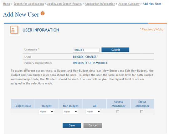 Sample of Add New User screen for single projects