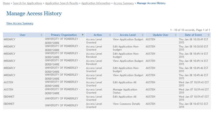 Sample Manage Access History for single project application