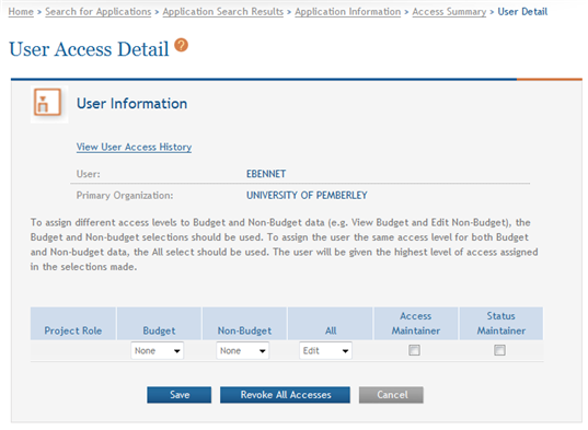 Sample of the User Access Detail page for a single project application