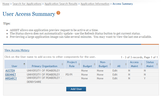 Sample of the User Access Summary page