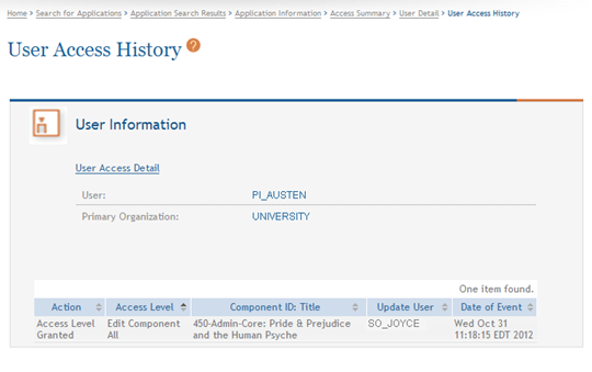 Sample of User Access History page