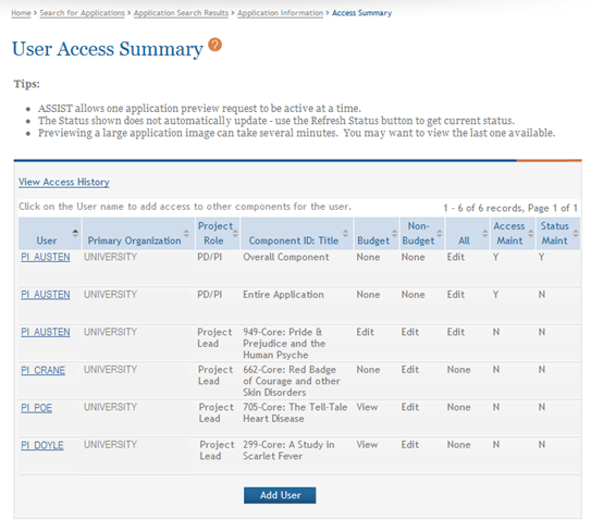 Sample of the User Access Summary page