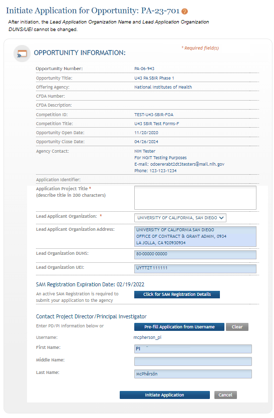 This image shows a sample of the Initiate Application page